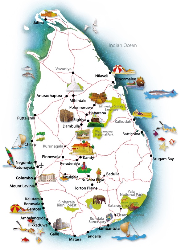 Sri Lanka Map with tourist destinations.